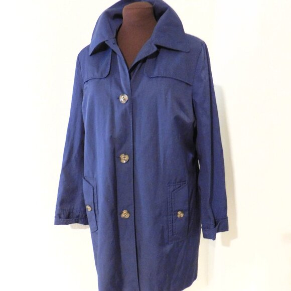 Dennis Basso Navy Blue Lined Trench Coat Size Medium Career Jacket - Picture 1 of 11